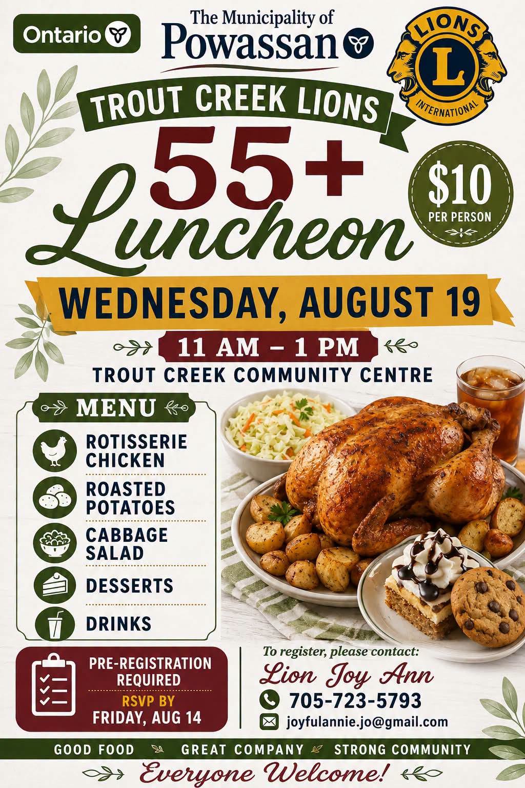 Poster for the August 19 Trout Creek Lions 55+ rotisserie chicken luncheon.